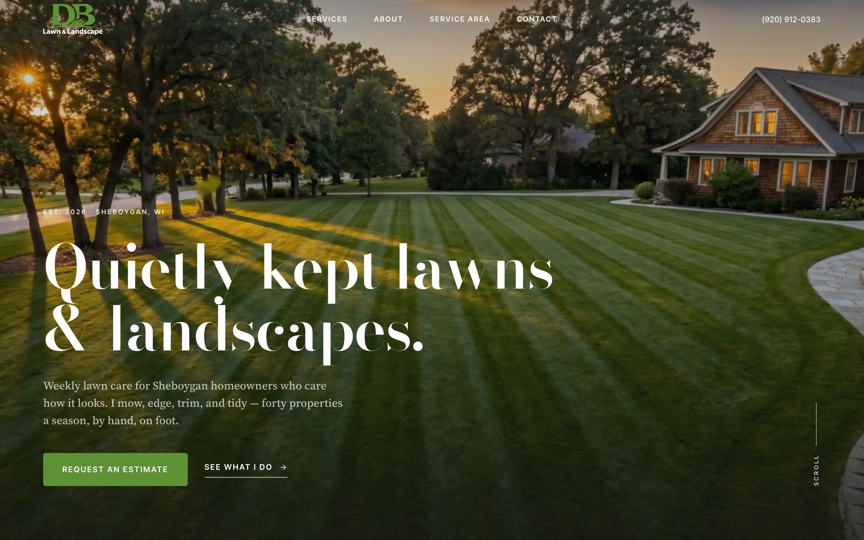 The DB Lawn & Landscape homepage: a striped lawn at dusk under the headline “Quietly kept lawns & landscapes.”